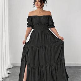 jkthpu-45 Black / UK 16 Plus Size, Women's Plus Size Elegant Faux Denim Off-Shoulder Maxi Dress - Shirred Ruched Waist with Side Slit, Lantern Short Sleeves & Flared Hem, Machine Washable Casual to Formal All-Season Dress