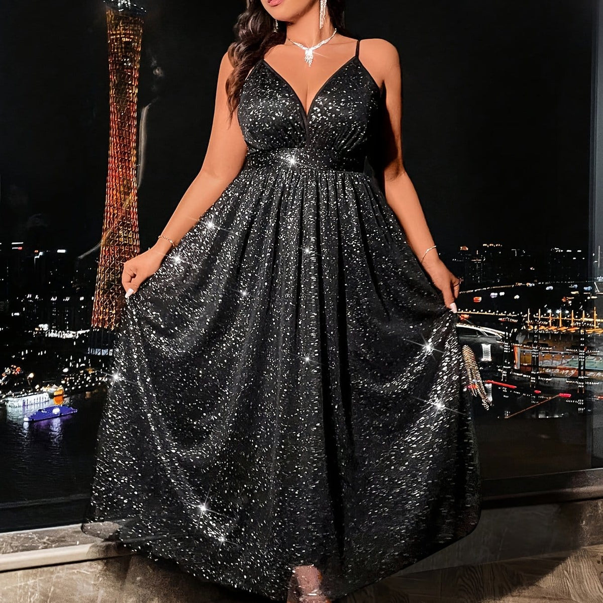jkthpu-45 Black / UK 16 Plus Size, Women's Plus Size Elegant -Length Evening Gown - Shiny Sequin & Sparkling A-Line Maxi Dress with Full, Machine Washable & Wrinkle-Resistant for Prom, Galas, Weddings - All-Season Formal Party Dress with V-Neckline & A-Line Silhouette, Chic & So