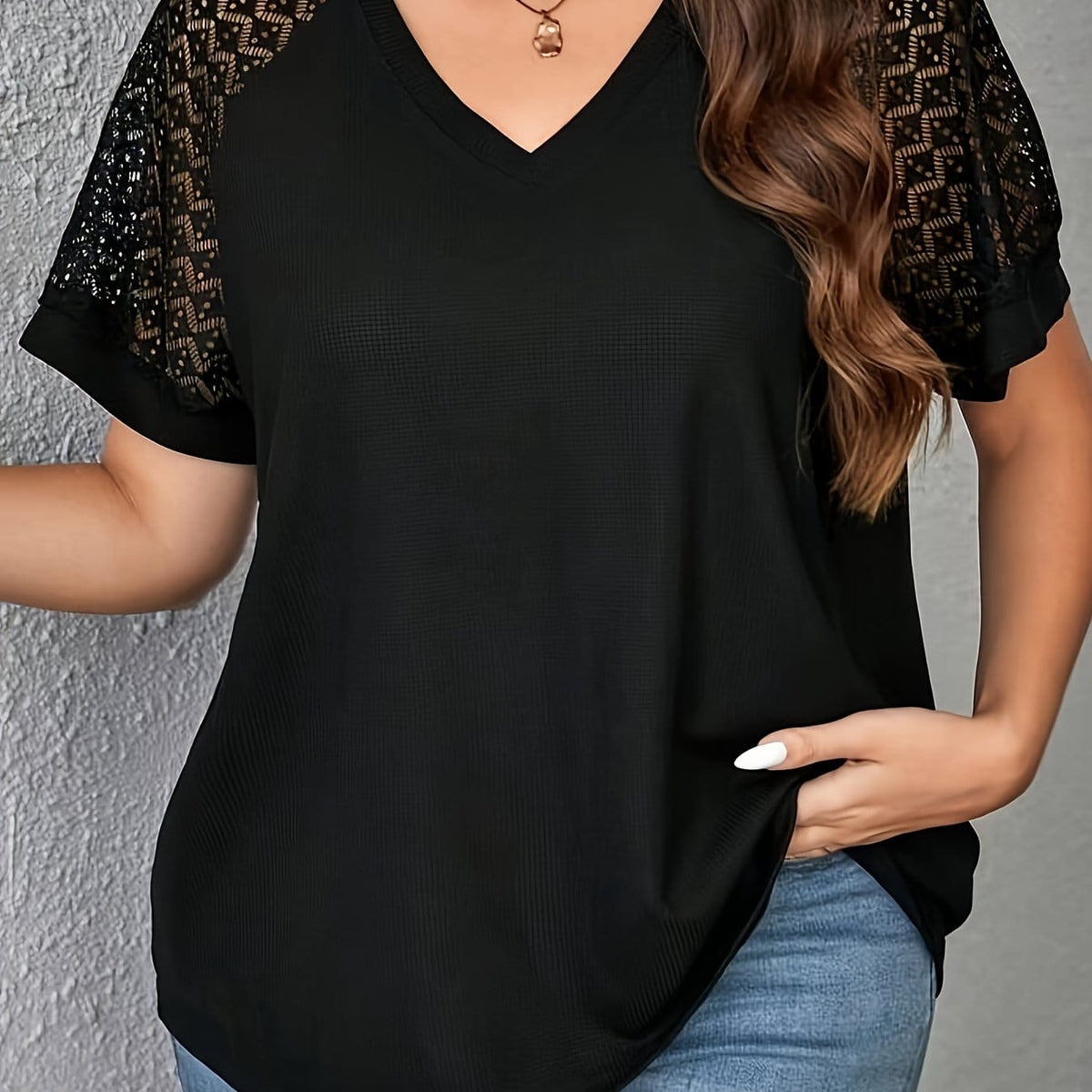 KissICON Black / UK 16 Purple Short Sleeve Elegant V-Neck Women's Plus Size T-Shirt - Contrast Lace Detail, Polyester Knit Fabric, 180gsm - Casual Top for Spring/Summer with Black Text "HANDMADE