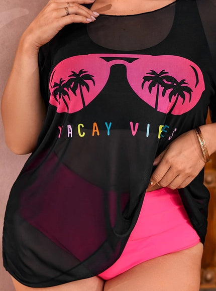 KissICON Black / UK 16 Tropical Curve Beach Coverup – Mesh