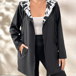 jkthpu-45 Black / UK 16 Vibrant Floral Plus Size Hooded Trench Coat  All Season Style