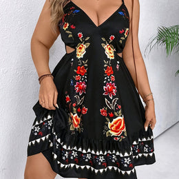 jkthpu-45 Black / UK 16 Women's Bohemian Floral Print Spaghetti Suspender Dress - Lightweight Machine-Washable Summer Dress with Vibrant Black Background, Exposed Shoulder Design for Beach Vacations, Casual Outings & Spring/Summer Wear, Spaghetti Strap Summer Dress