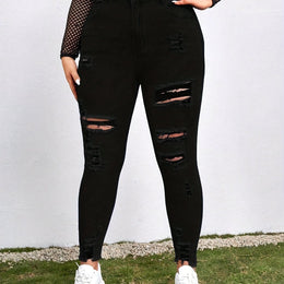 jkthpu-45 Black / UK 16 Women's High-Waisted Skinny Jeans - Stretchy Non-See-Through Leggings