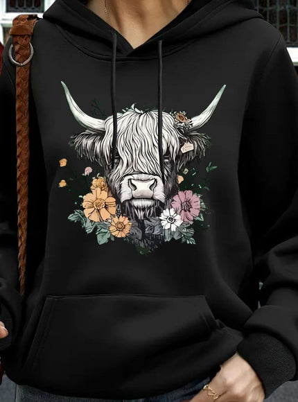 jkthpu-45 Black / UK 16 Women's Oversized Hoodie with Highland Cow Floral Graphic
