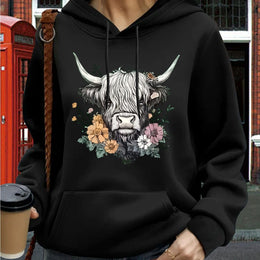 jkthpu-45 Black / UK 16 Women's Oversized Hoodie with Highland Cow Floral Graphic