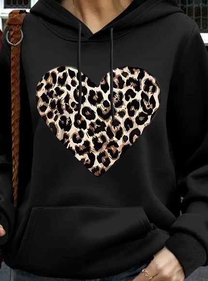 jkthpu-45 Black / UK 16 Women'S Plus Size Leopard Heart Print Hoodie -