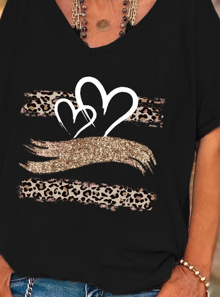 KissICON Black / UK 16 Women's Plus Size Leopard Print V-Neck T-Shirt with Heart & Glittery Hand Design, Casual Batwing Sleeve Top for All Seasons, Black Polyester Blend Tee, Ladies T Shirts