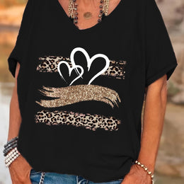 KissICON Black / UK 16 Women's Plus Size Leopard Print V-Neck T-Shirt with Heart & Glittery Hand Design, Casual Batwing Sleeve Top for All Seasons, Black Polyester Blend Tee, Ladies T Shirts