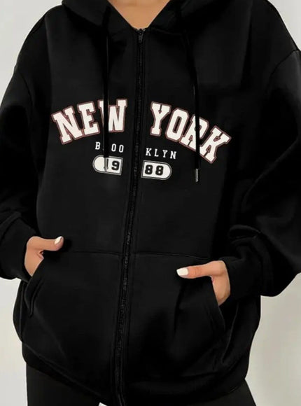 jkthpu-45 Black / UK 16 Women's Plus Size New York Graphic Hoodie -