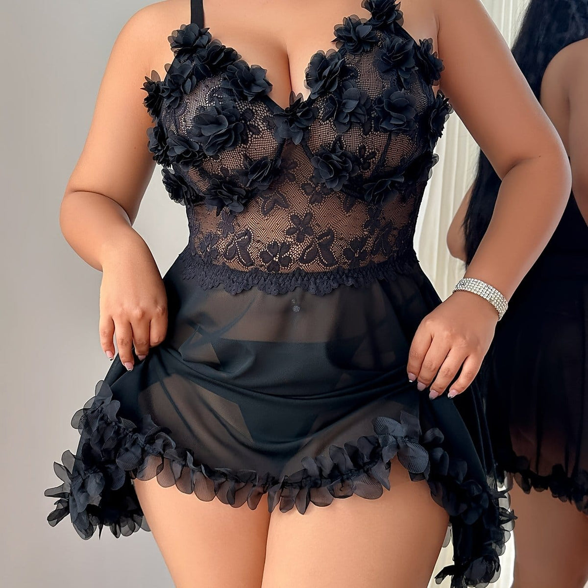 jkthpu-45 Black / UK 18 2pcs Plus Size Sexy Lingerie Set: Lace-Up Mesh Floral Skater Dress + Thong