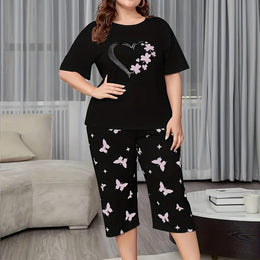 jkthpu-45 Black / UK 18 2pcs Set of Short-sleeved 7-point Pants Large Size