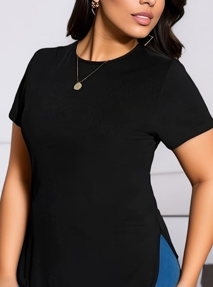 KissICON Black / UK 18 BESTIE Women's Plus Size Curve-Fit Short Sleeve T-Shirt - Black Round Neck Stretchy Top, Machine Washable All-Season Casual & Dressy Shirt for Casual Attire, Ladies Tshirts, Versatile Fashion, Nontransparent Fabric