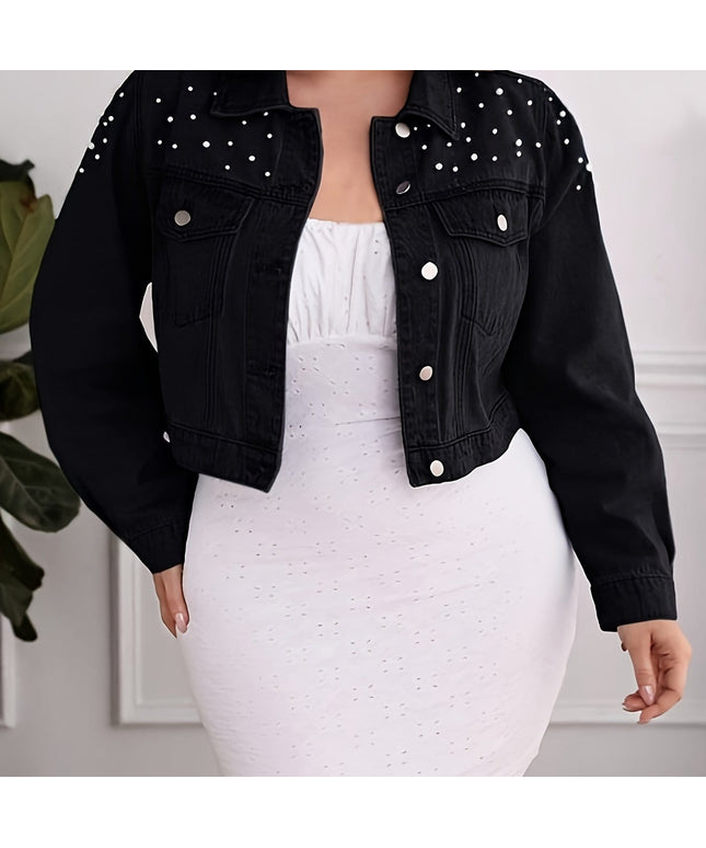 jkthpu-45 Black / UK 18 Black Pearl Collar PlusSize Denim Jacket SpringAutumn Style