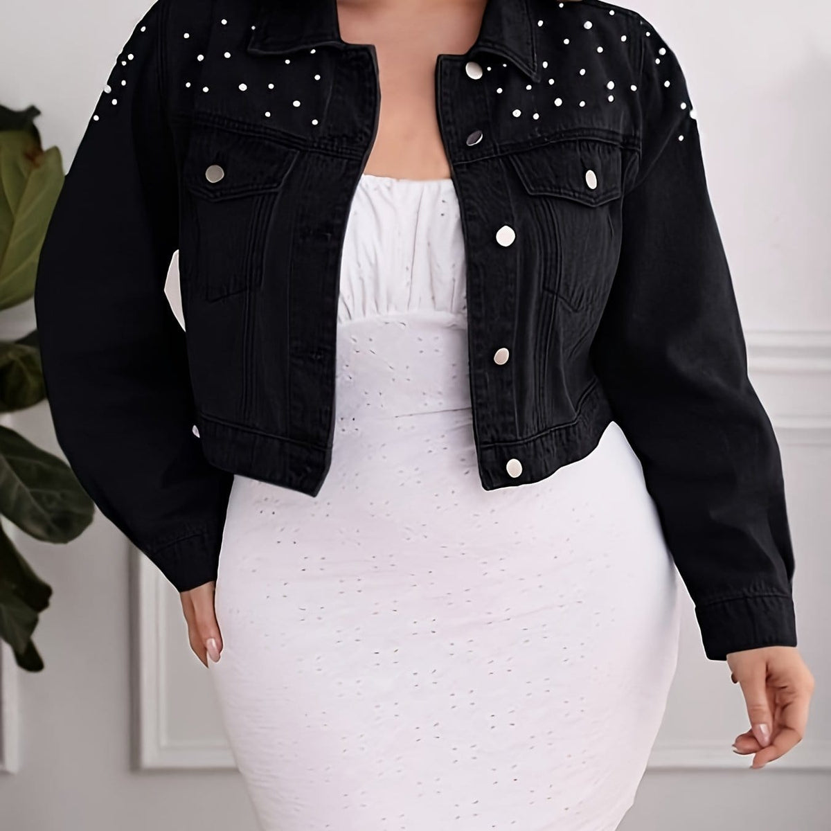 jkthpu-45 Black / UK 18 Black Pearl Collar PlusSize Denim Jacket SpringAutumn Style