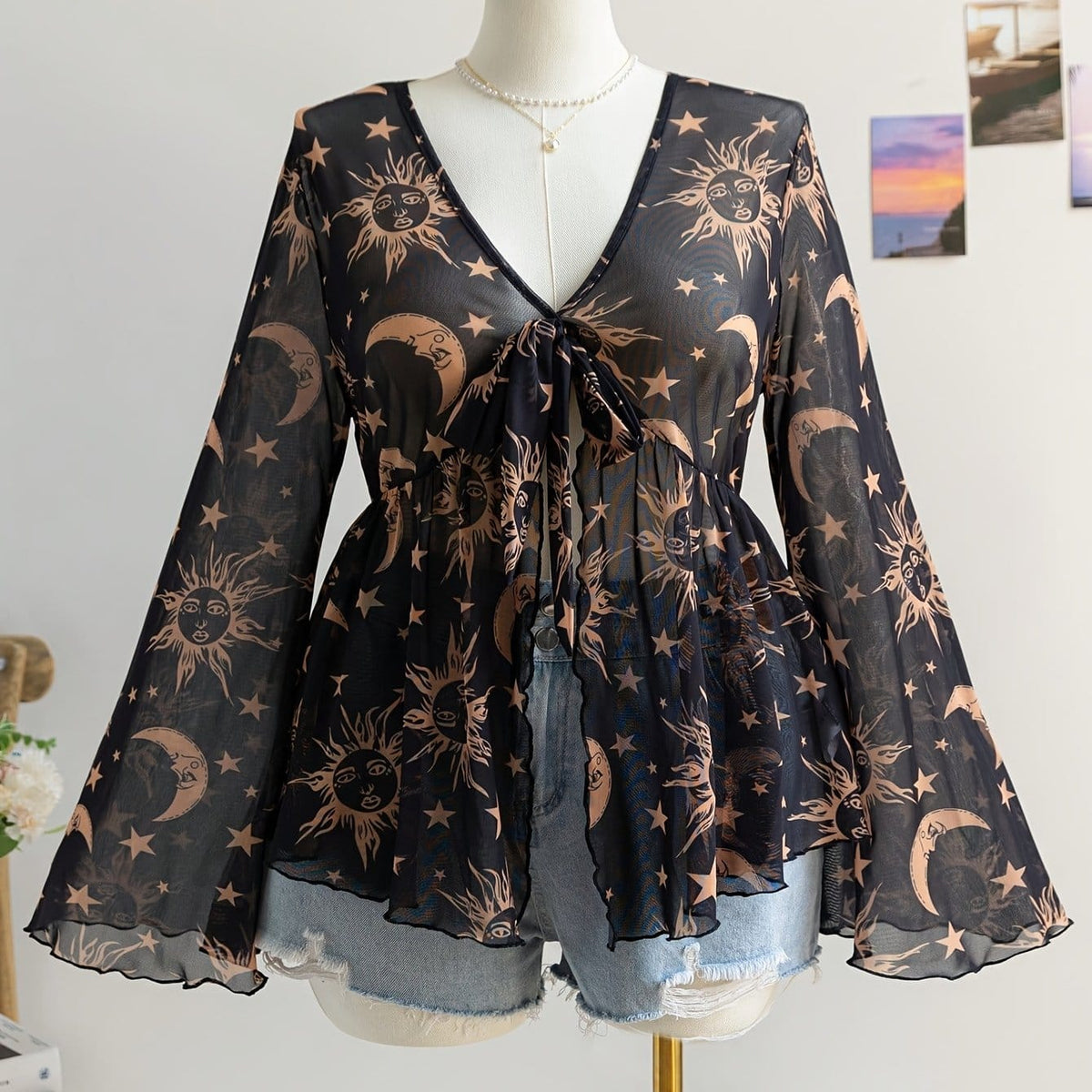 jkthpu-45 Black / UK 18 Celestial Vibes Plus Size Sheer Bell Sleeve Top