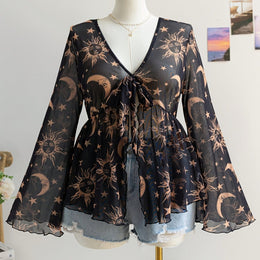 jkthpu-45 Black / UK 18 Celestial Vibes Plus Size Sheer Bell Sleeve Top