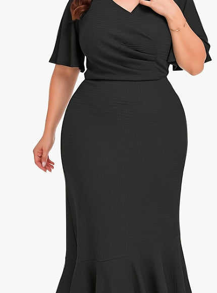 jkthpu-45 Black / UK 18 Chic Plus Size Women's Midi Mermaid Cocktail Dress with Pleats and Short Sleeves 1X-6X