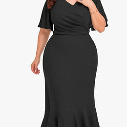 jkthpu-45 Black / UK 18 Chic Plus Size Women's Midi Mermaid Cocktail Dress with Pleats and Short Sleeves 1X-6X