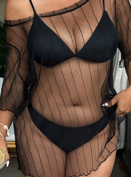 KissICON Black / UK 18 Curve Black Mesh Strapless Tshirt Seethrough Coverup