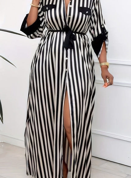 jkthpu-45 Black / UK 18 [Elegant Collar Button Front Dress] Elegant Plus Size Striped Long Dress with Collar, Button Front, Side Slit & Pockets - Polyester, Non-Stretch Fabric for Spring/Autumn