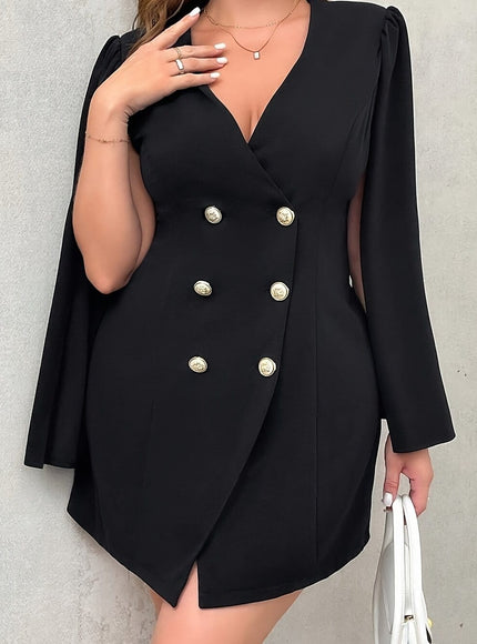 KissICON Black / UK 18 Elegant Curve Autumnwinter V-Neck Fitted Work Dress