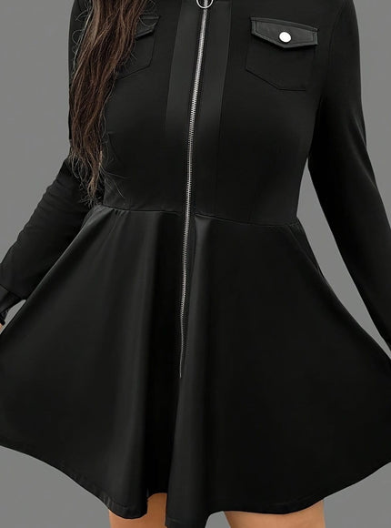 KissICON Black / UK 18 Elegant Curve Long Sleeve Contrast Collar PU Dress