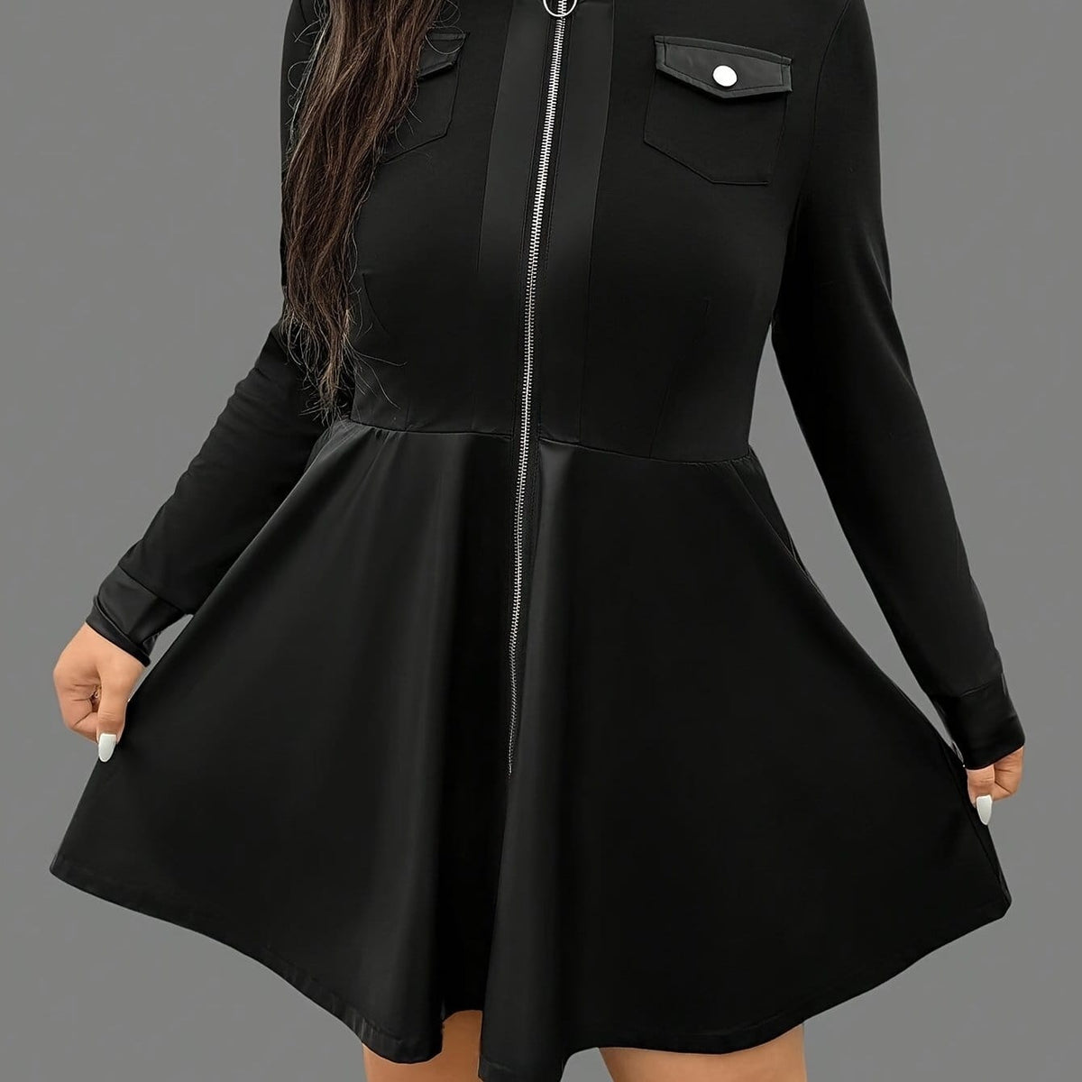 KissICON Black / UK 18 Elegant Curve Long Sleeve Contrast Collar PU Dress