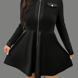 KissICON Black / UK 18 Elegant Curve Long Sleeve Contrast Collar PU Dress