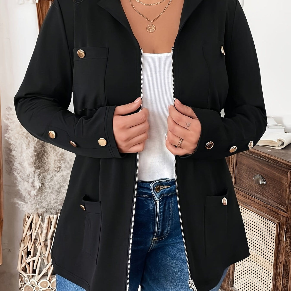 KissICON Black / UK 18 Elegant Curve Zipup Jacket – Flared Hem Versatility