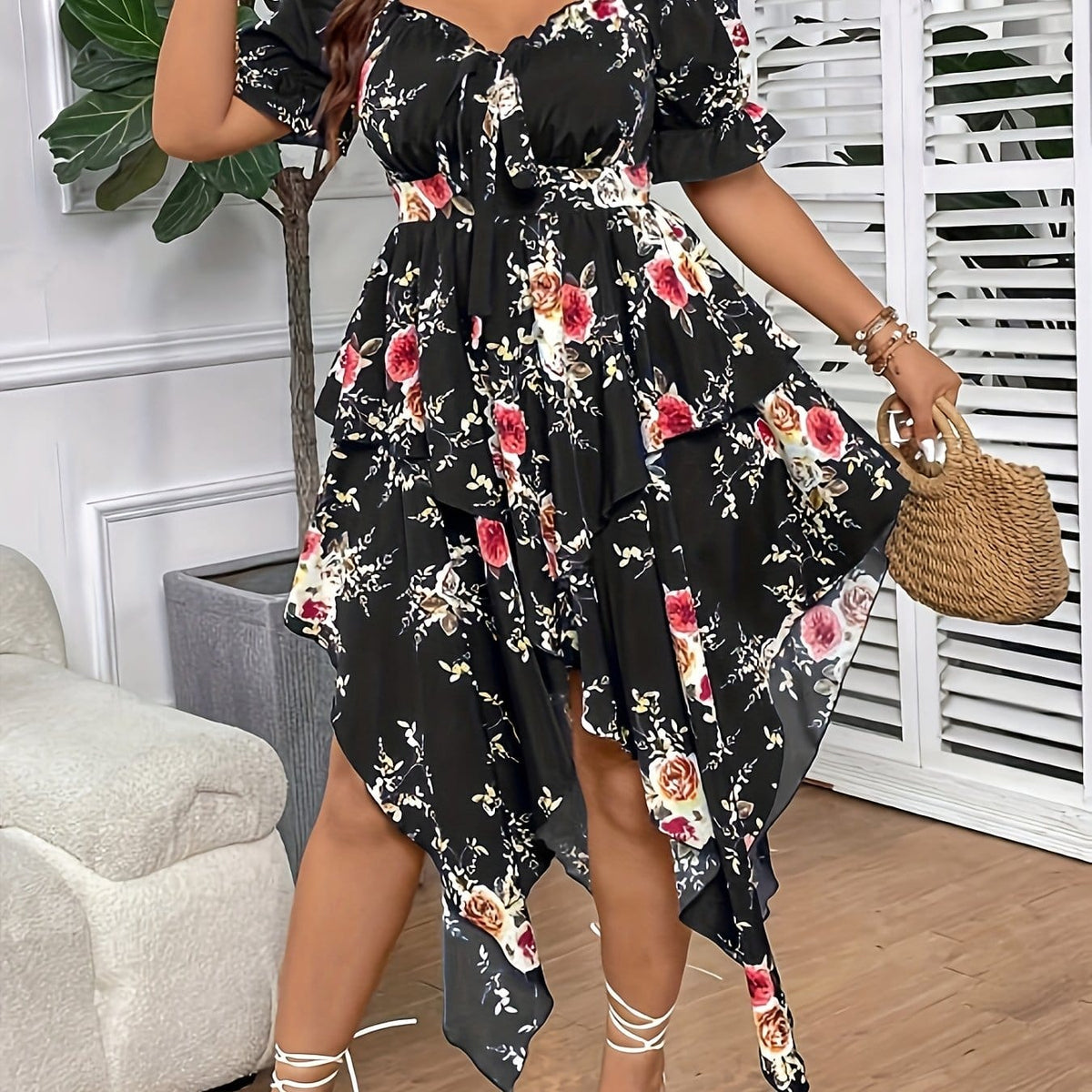 jkthpu-45 Black / UK 18 [Elegant Maxi Dress] Elegant Plus Size Floral Print Maxi Dress | V-Neck, Lace-Up Detail, Asymmetrical Hem - Non-Stretch Fabric, Perfect for All Seasons