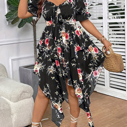 jkthpu-45 Black / UK 18 [Elegant Maxi Dress] Elegant Plus Size Floral Print Maxi Dress | V-Neck, Lace-Up Detail, Asymmetrical Hem - Non-Stretch Fabric, Perfect for All Seasons