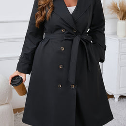jkthpu-45 Black / UK 18 Elegant Plus Size Black DoubleBreasted Lightweight Trench Coat