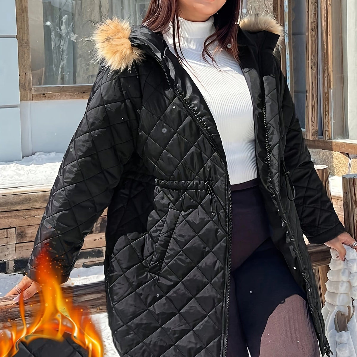 jkthpu-45 Black / UK 18 Elegant Plus Size FleeceLined Hooded Winter Jacket