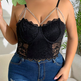 jkthpu-45 Black / UK 18 Elegant Plus Size VNeck Lace Rhinestone Camisole Top