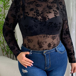 jkthpu-45 Black / UK 18 New Stylish Sexy Mesh Floral Bodysuit with Alluring