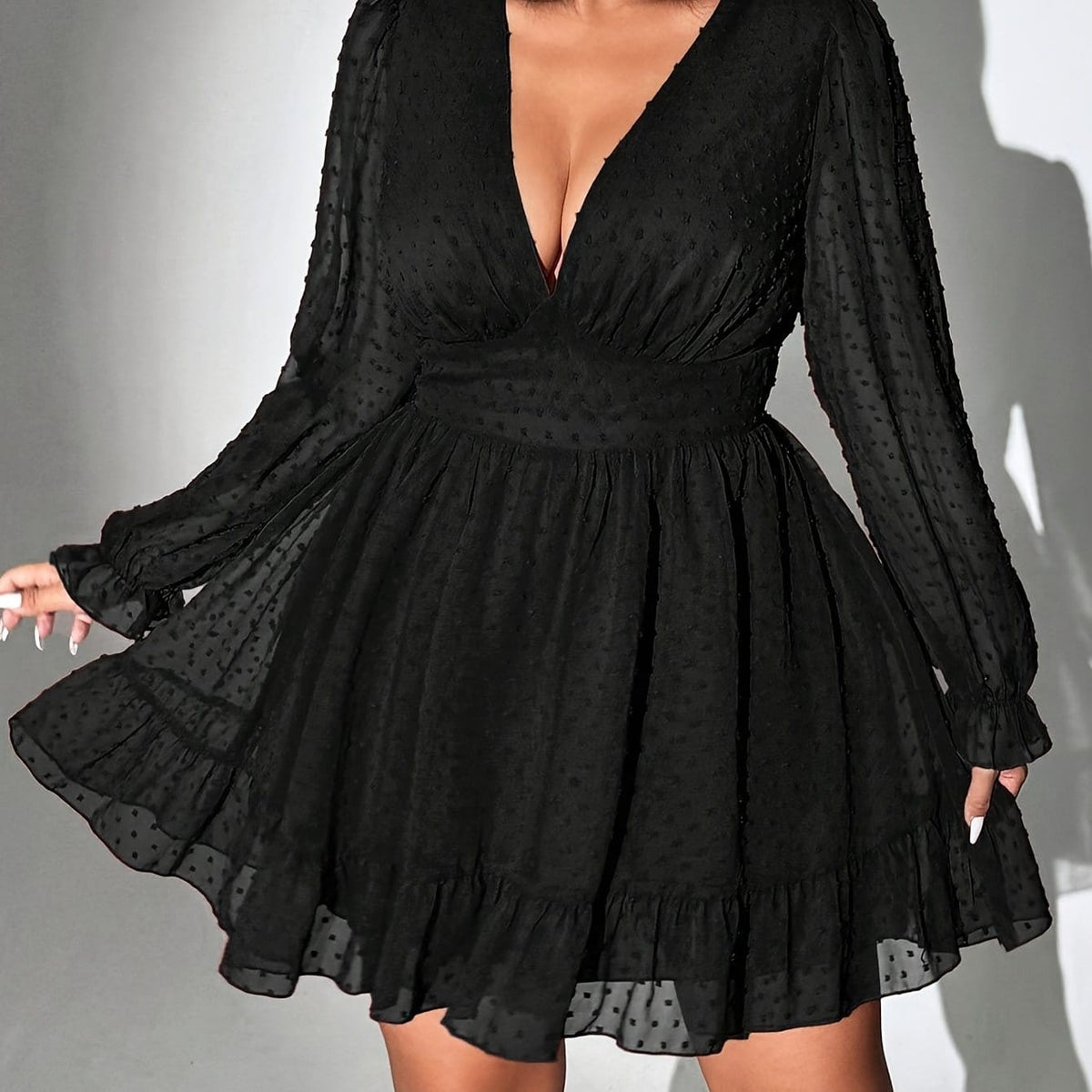 jkthpu-45 Black / UK 18 Plus Size, A24B1029 Elegant Mesh Long Sleeve Sexy Plus Size Open Front Dress