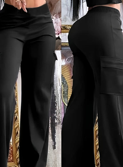 jkthpu-45 Black / UK 18 Plus Size Black Elegant Wide Leg Knit Trousers – Slight Stretch