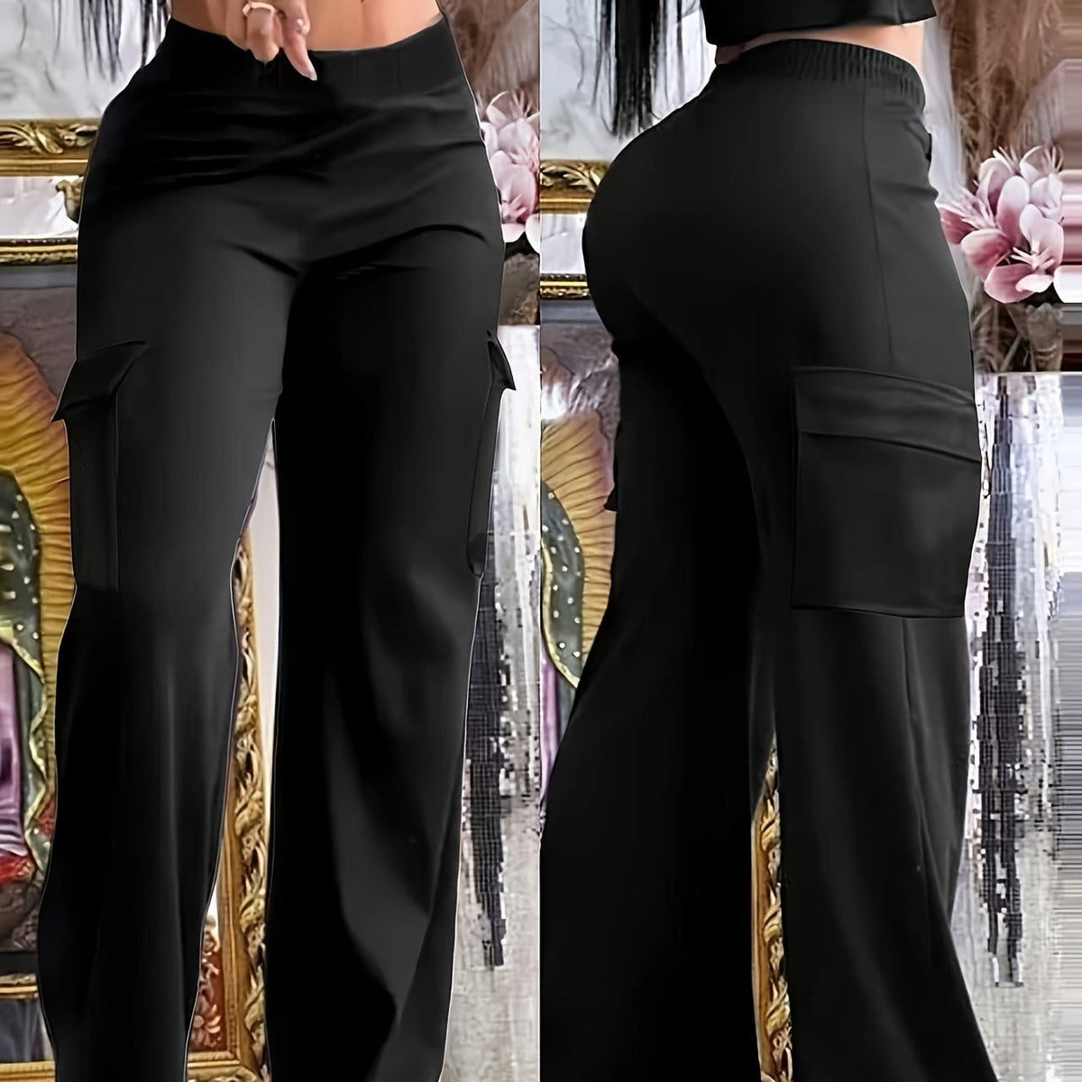 jkthpu-45 Black / UK 18 Plus Size Black Elegant Wide Leg Knit Trousers – Slight Stretch