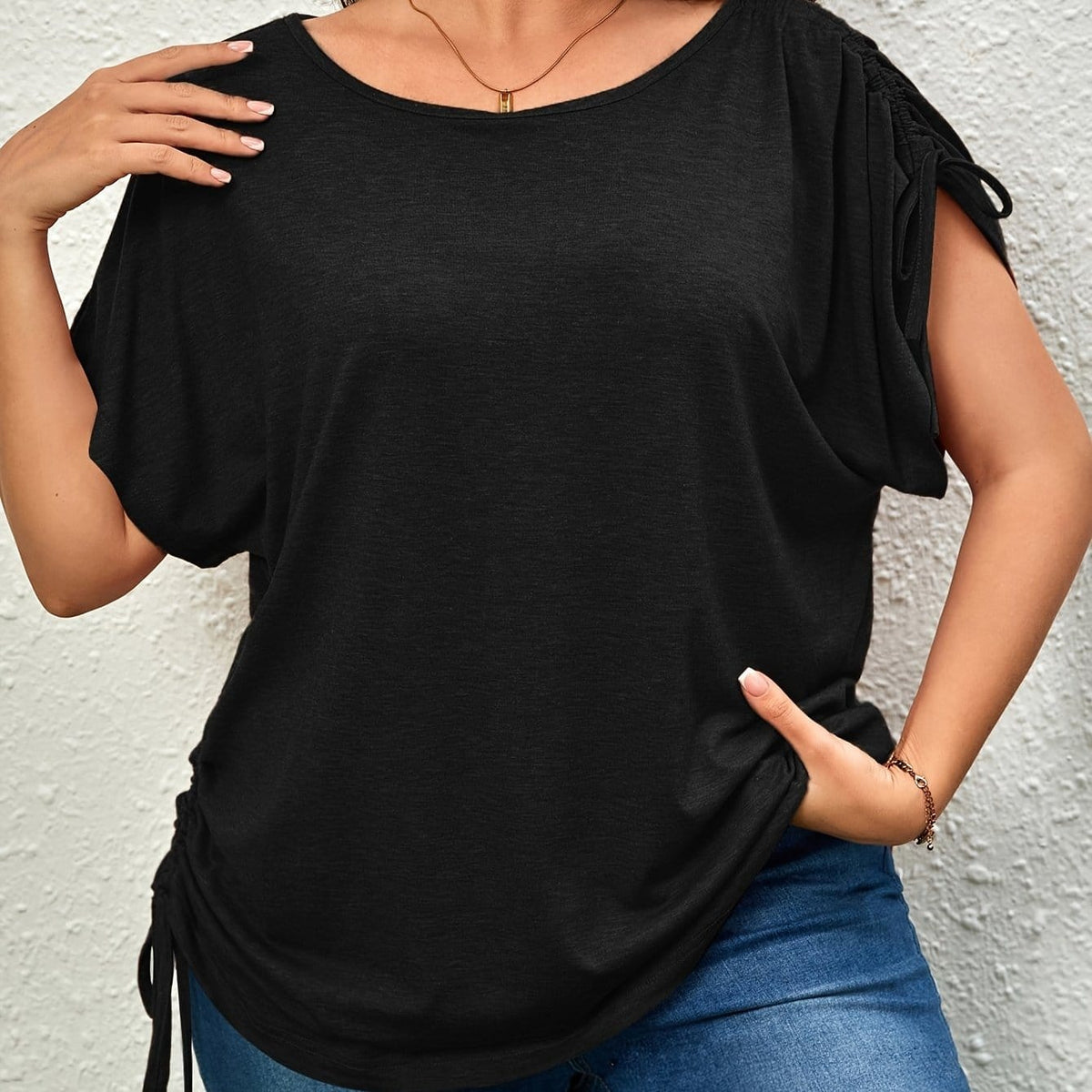 KissICON Black / UK 18 Plus Size Casual T-shirt, Women's Plus Solid Drawstring Ruched Short Sleeve Round Neck Slight Stretch T-shirt
