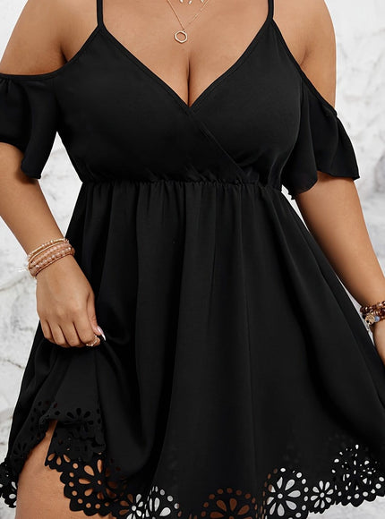 jkthpu-45 Black / UK 18 Plus Size Cold Shoulder Cutout Trim Elegant Short Sleeve Dress for Spring & Summer, Women's Clothing