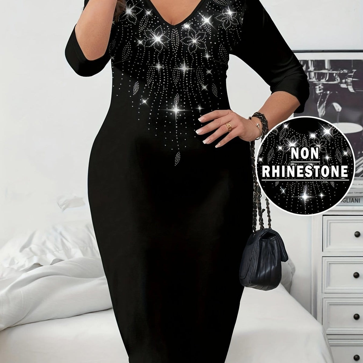 jkthpu-45 Black / UK 18 Plus Size - Elegant And Fashionable Mid-Length Dress for Women in Plus Size, Featuring a V-Neck And Half Sleeves with Rhinestone Embellishments.