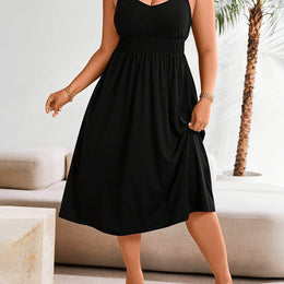 jkthpu-45 Black / UK 18 Plus Size Elegant Black Sleeveless Dress with V-Neck - Stylish, Stretchy Fabric, Perfect for Vacation and Casual Attire, Casual Attire|Vneck Dress|Stretchy Fabric