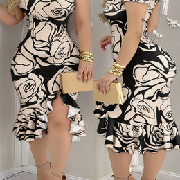 jkthpu-45 Black / UK 18 Plus Size - Elegant Off-Shoulder Floral Print Midi Dress for Women - Chic Black & White Rose Design, Ruffled Hem, Perfect for Spring/Summer, Polyester Blend, Machine Washable, Cute Dress