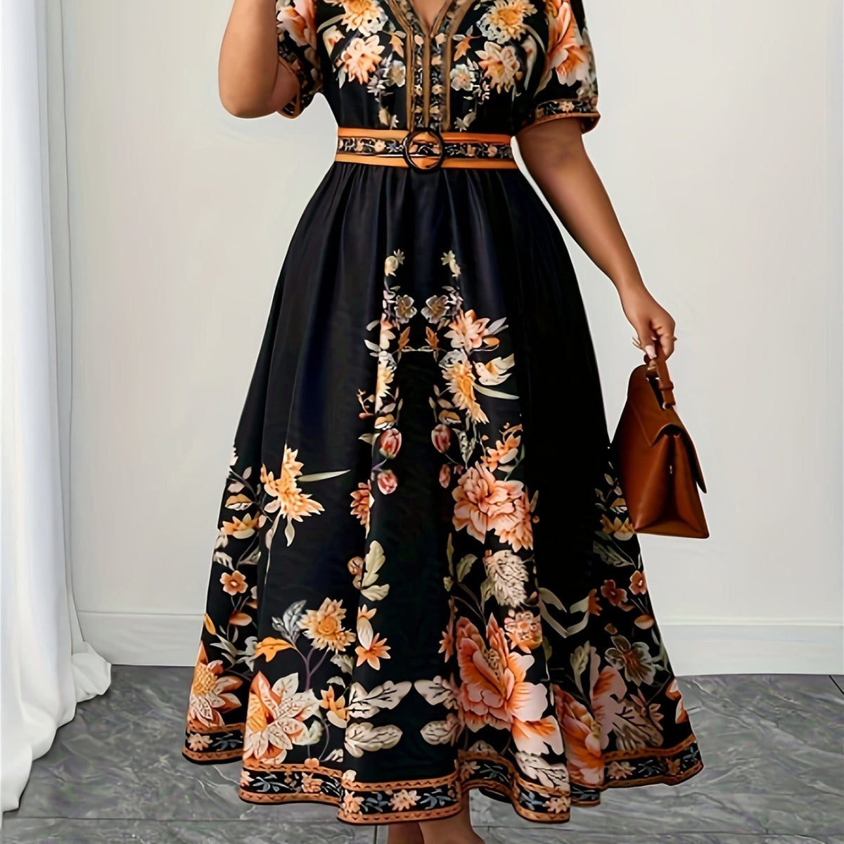 jkthpu-45 Black / UK 18 Plus Size Floral VNeck Maxi Dress Summer Vacation Ready