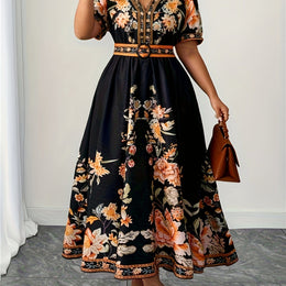 jkthpu-45 Black / UK 18 Plus Size Floral VNeck Maxi Dress Summer Vacation Ready