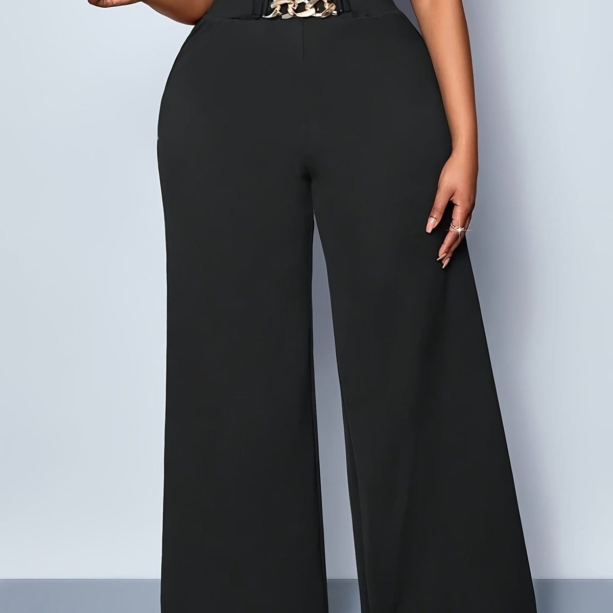 jkthpu-45 Black / UK 18 Plus Size High Waist Stretchy WideLeg Pants Black Versatility