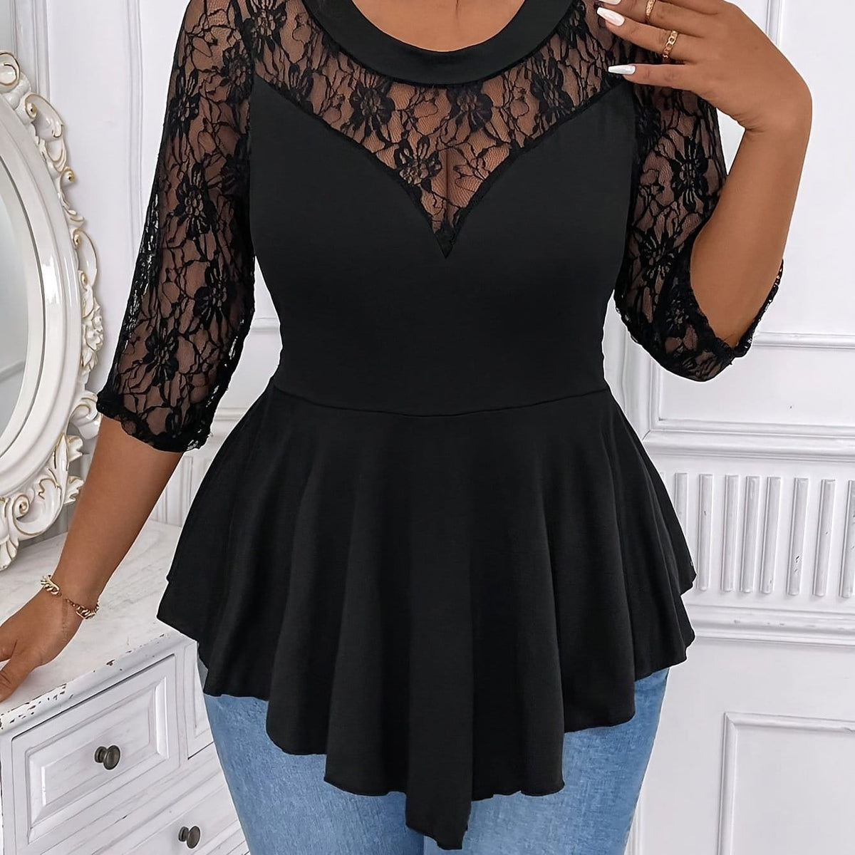 jkthpu-45 Black / UK 18 Plus Size Lace Trim Blouse – Crew Neck Asymmetrical Hem Three-Quarter Sleeve