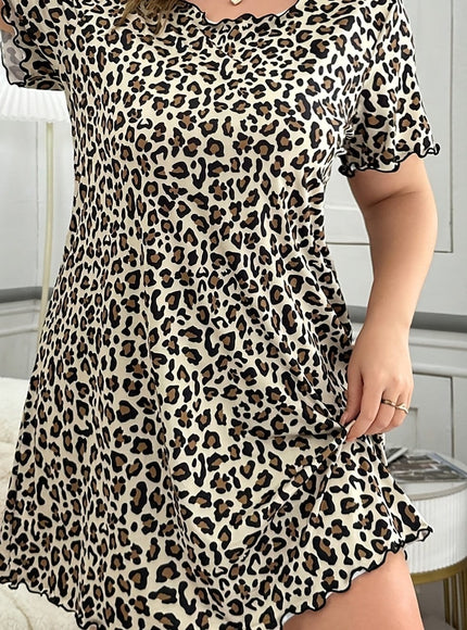 jkthpu-45 Black / UK 18 Plus Size Leopard Print Night Dress – Crew Neck Knit Polyester Sleepwear