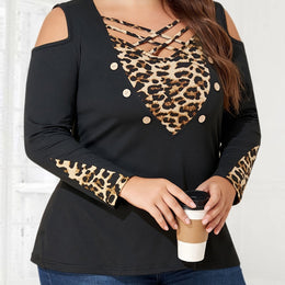 jkthpu-45 Black / UK 18 Plus Size Leopard VNeck Knit TShirt with Shoulder Cutout