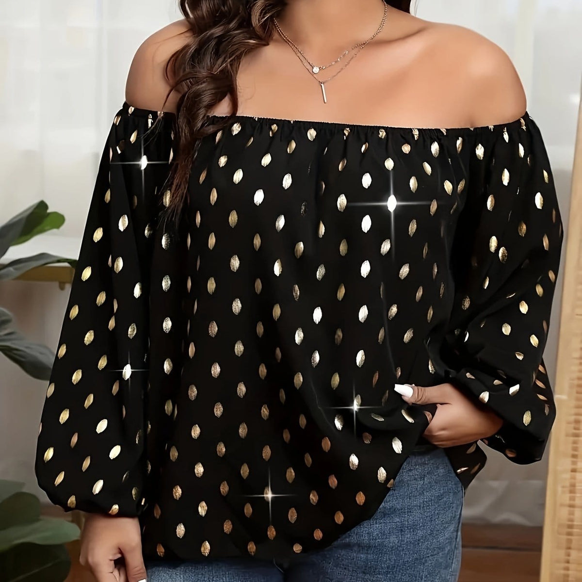jkthpu-45 Black / UK 18 Plus Size Off-the-Shoulder Blouse – Black & Gold Party Top